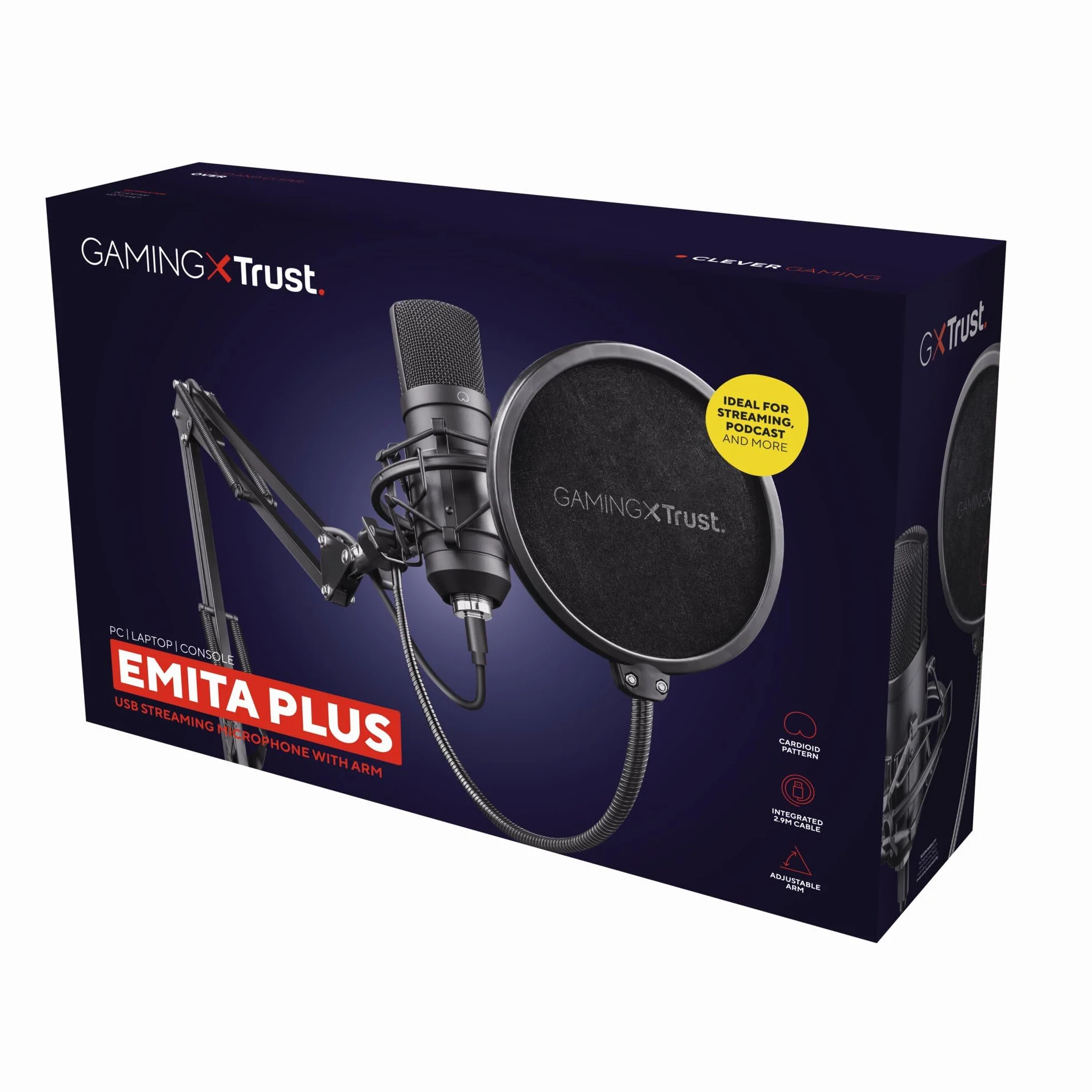 Trust Gaming GXT 252+ Emita Profesjonalny Mikrofon Studyjny z Ramieniem, Pop Filter i Kosz Antywibracyjny, Mikrofon Komputerowy USB z Wysięgnikiem, Podcast, ASMR, Nagrywanie Muzyki, Streaming, Gry