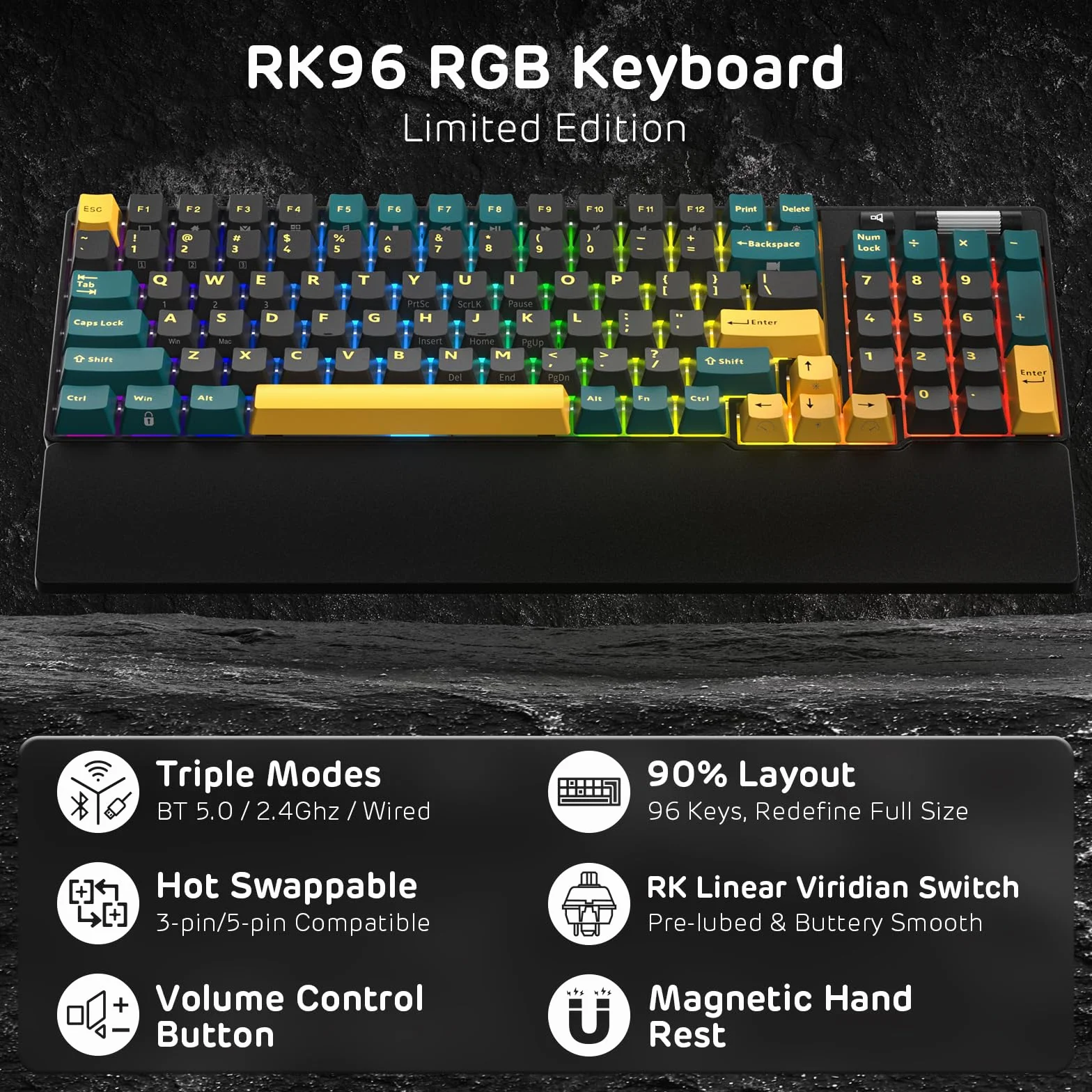 RK ROYAL KLUDGE RK96 RGB Limited Ed, 90% 96 klawiszy bezprzewodowa tri-Mode BT5.0/2.4G/USB-C Hot-Swap klawiatura mechaniczna z podpórką pod nadgarstek, obsługa oprogramowania, przełącznik dotykowy