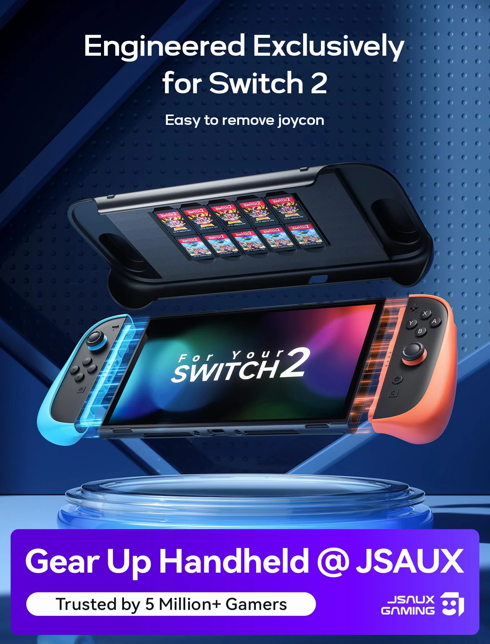 JSAUX Podzielone etui ochronne na Nitendo Switch 2, środkowa rama TPU i przednia osłona PC, antypoślizgowy ergonomiczny uchwyt, przechowywanie 10 kart do gier, obsługuje stojak, PC0114 (niebieski i