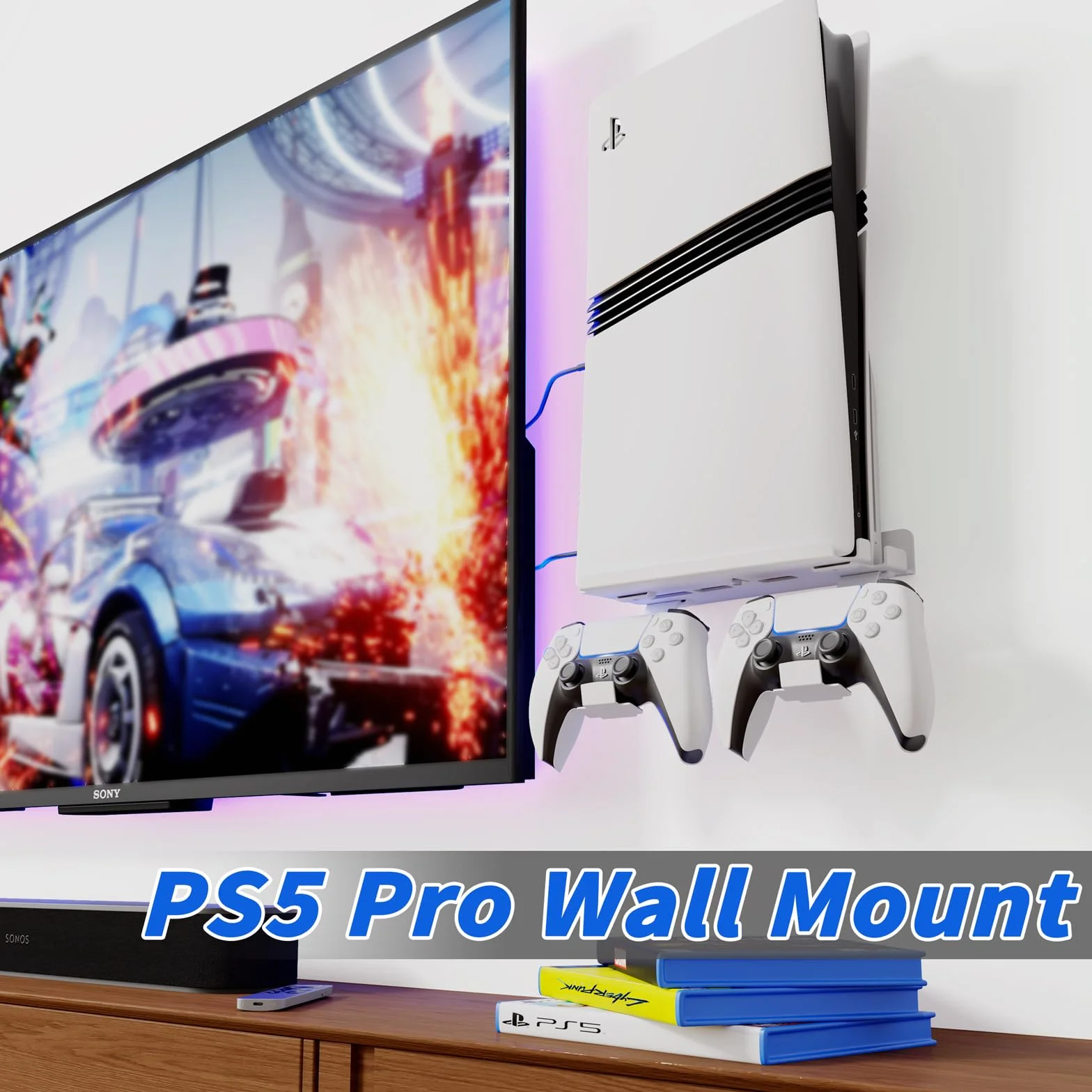 sciuU Uchwyt ścienny do konsoli i kontrolera PS5 Slim / PS5 Pro - stalowy wspornik ścienny 2mm kompatybilny z PlayStation 5 Slim wersje Disc/Digital + uchwyt na 2 kontrolery do gier