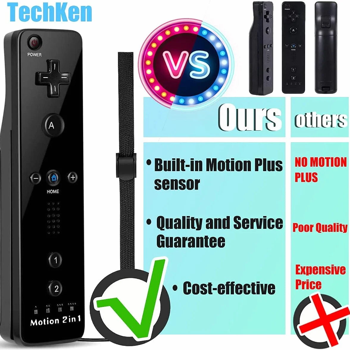TechKen zestaw 2 sztuki kontrolerów Wii lewostronnych z Motion Plus, pilot Wii Remote Motion Plus z silikonową osłoną i opaską na rękę