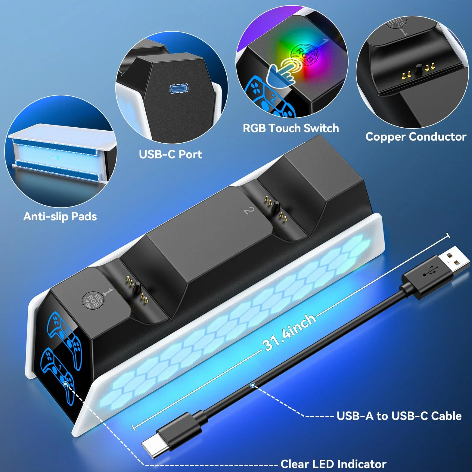KDD Stacja ładująca do kontrolera PS 5 i PS5 Edge, ładowarka kontrolera PS5 ze wskaźnikiem LED, akcesoria do Playstation 5 stacja ładująca z kablem USB-C