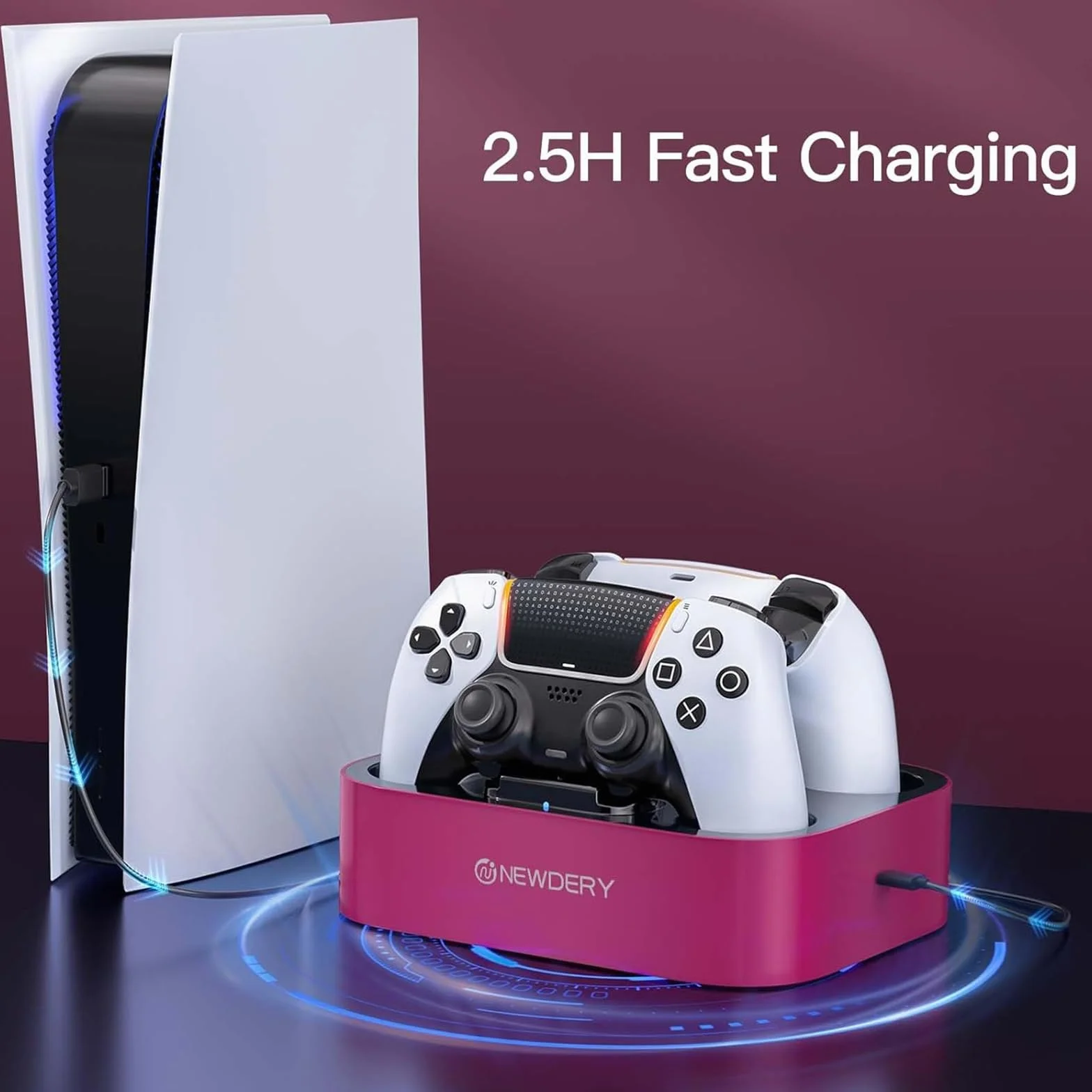 NEWDERY Stacja ładująca do kontrolera PS5 kompatybilna z Dualsense Edge, stojak do szybkiego ładowania z kablem, podwójna stacja ładująca do PlayStation 5 i Dual-Sense Edge
