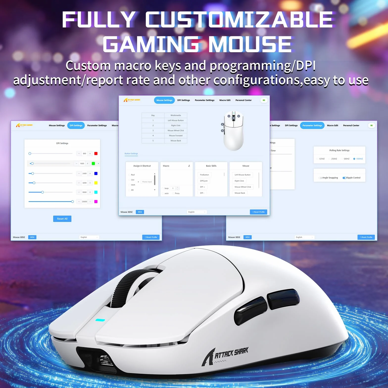MAMBASNAKE X ATTACK SHARK X8SE Ultralekka bezprzewodowa mysz gamingowa 55g,25000DPI,sensor PixArt PAW3311,BT/2.4G/USB-C,żywotność 80 mln kliknięć,akceleracja 40G,500mAh,sterowniki online,Win/Mac–Biała