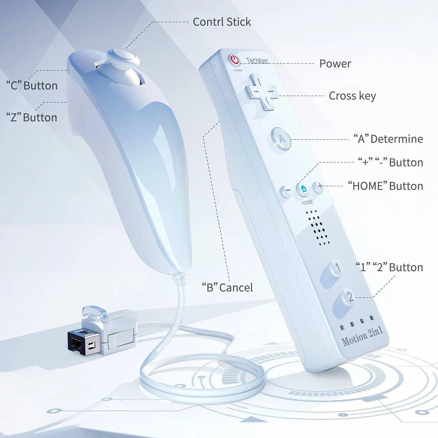 TechKen Zestaw 2 szt. Wii Remote Plus z Motion Plus i Nunchuck - Kontroler Zamiennik do Wii/WiiU