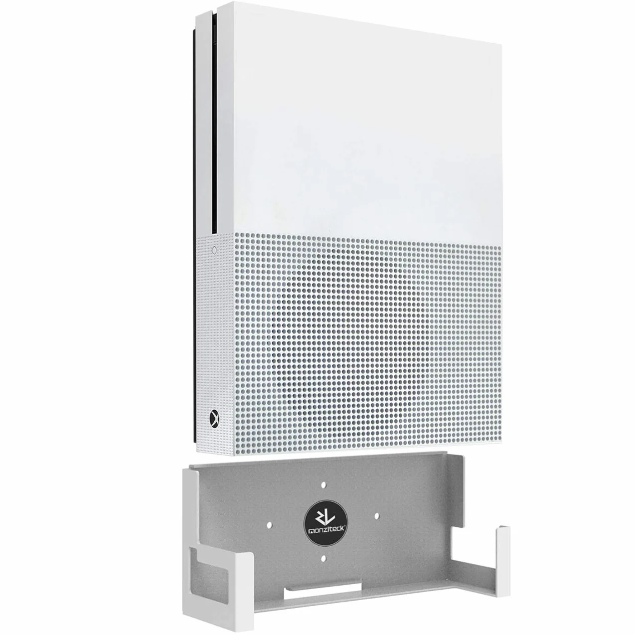 Monzlteck Uchwyt ścienny do Xbox One S, całkowicie metalowy pionowy wiszący na ścianie z mocą lewy/prawą, uchwyt półki ściennej do Xbox 1S