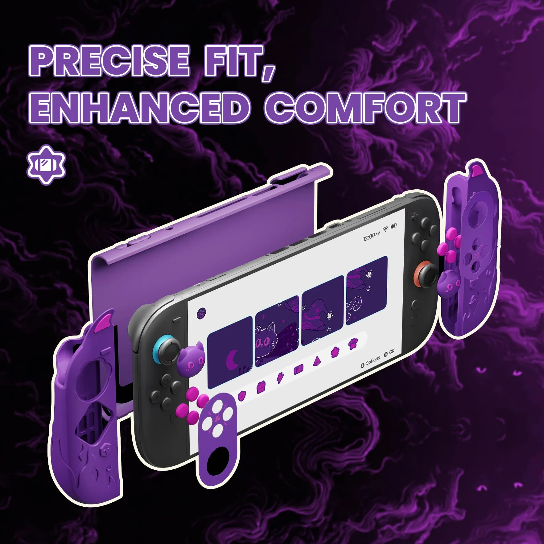 PlayVital Etui do Switch 2 z Silikonowymi Nakładkami na Uchwyty Joycon,Nakładkami na Joysticki i Naklejkami,Etui Ochronne do Switch 2 Akcesoria-Fioletowy