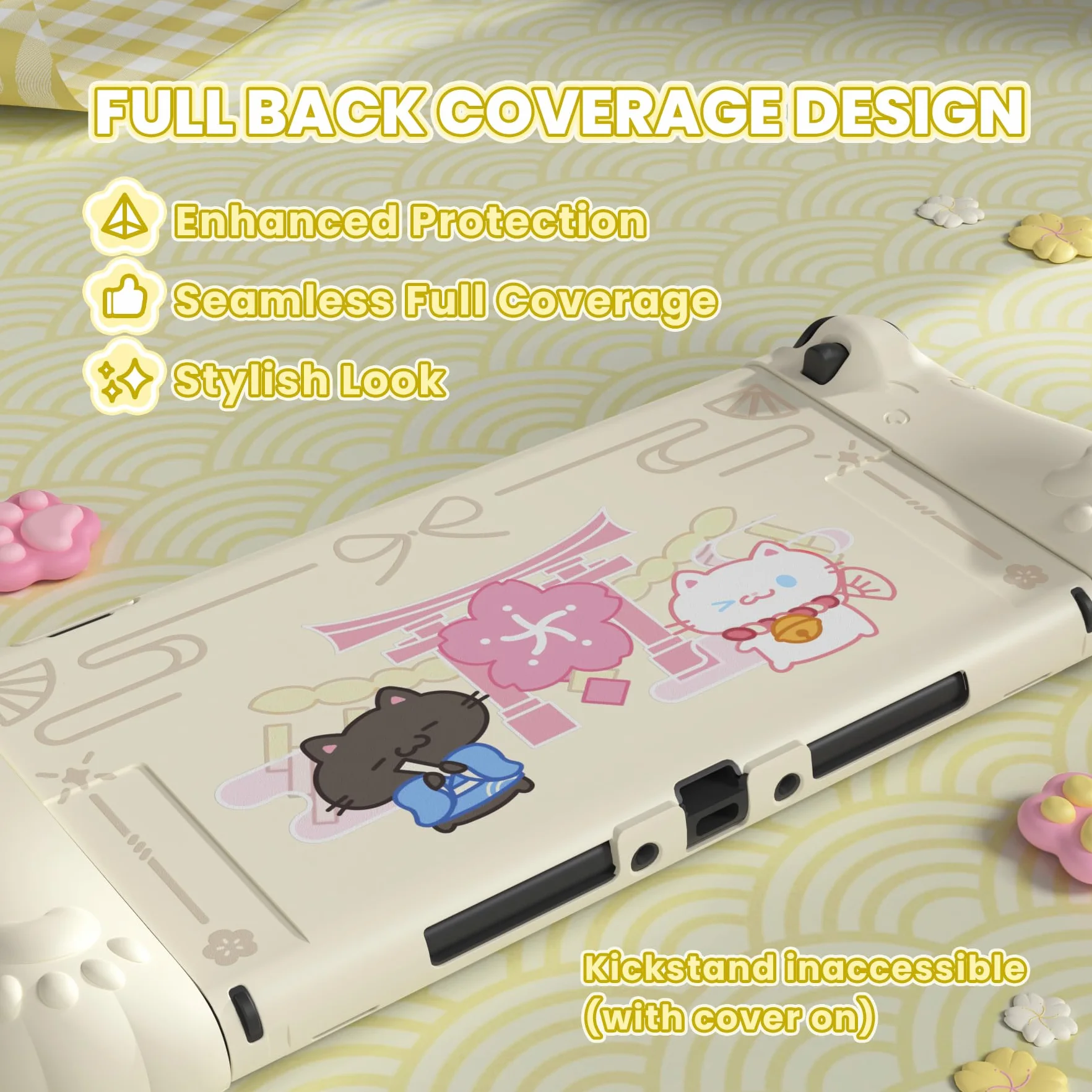 PlayVital Etui do Switch 2 z Silikonowymi Uchwytami Joycon & Nakładkami Joysticki & Podstawką,Akcesorium Ochronne do Switch 2 Konsoli,Dockowalne Etui w Żółty Antyczny-Motyw Kociątko i Kwiaty Wiśni