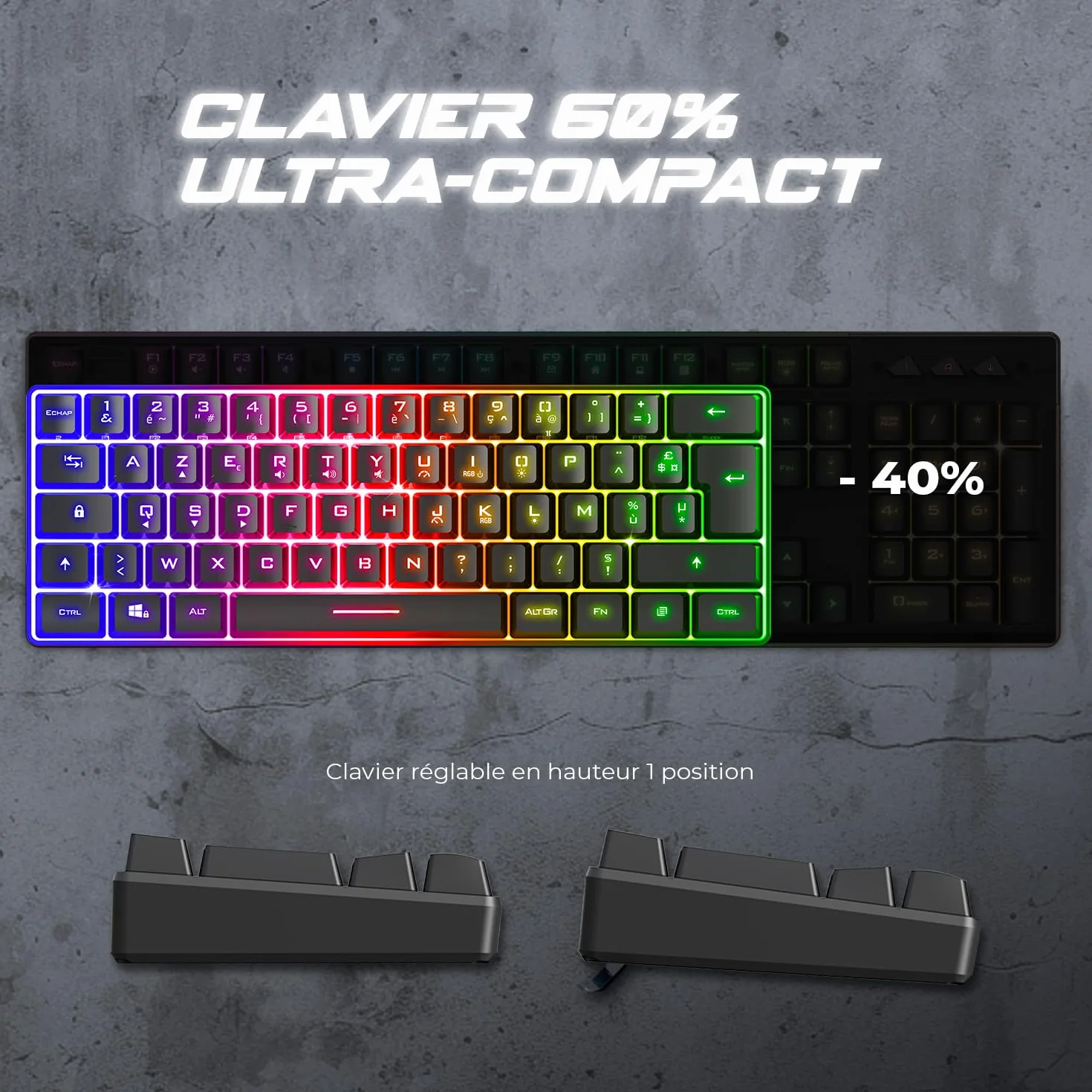Spirit Of Gamer - Pro K2, pół-mechaniczna przewodowa klawiatura gamingowa, kompaktowy format TKL 60%, 62 klawisze, w tym 24 antyghosting, tęczowe podświetlenie RGB, regulowana wysokość, czarna