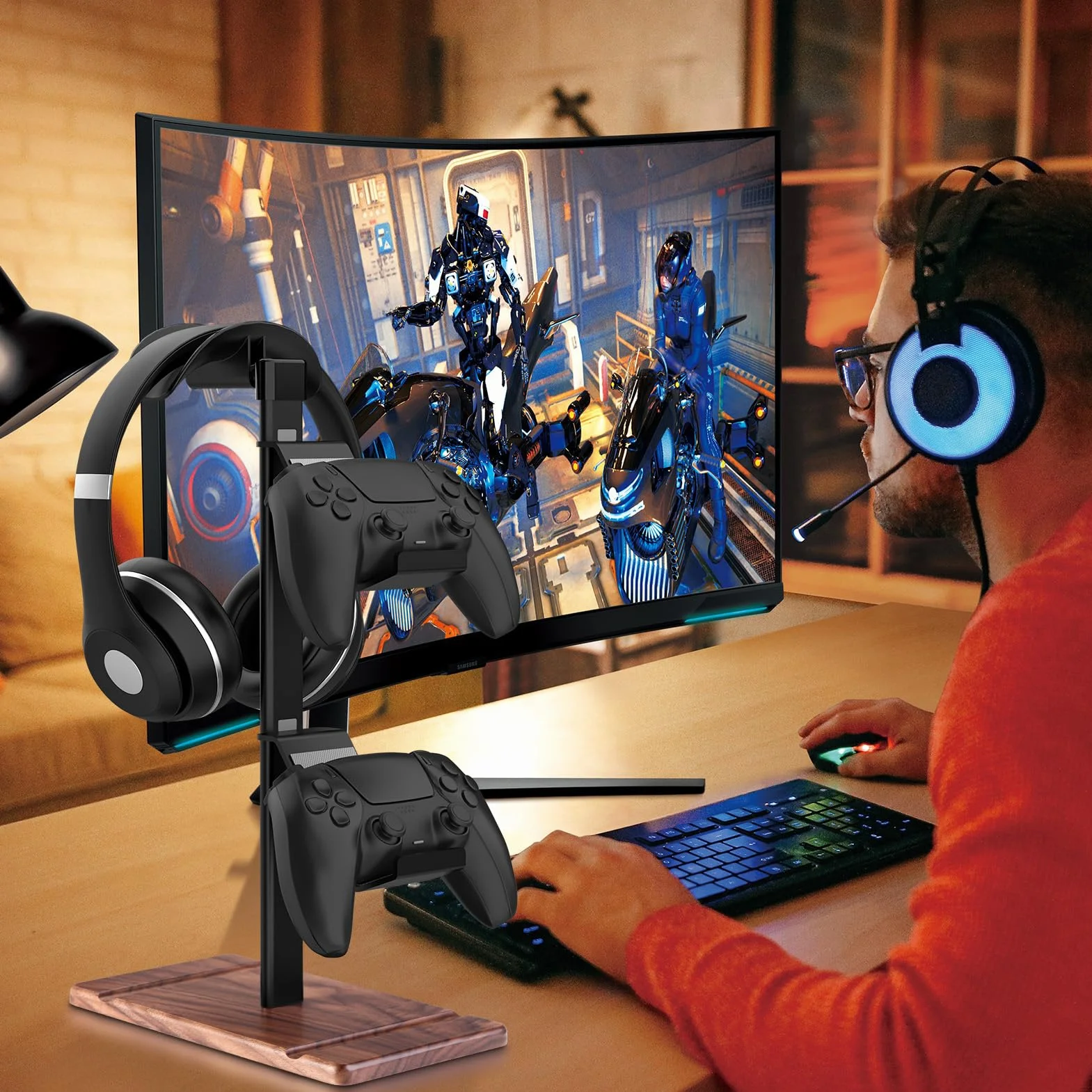 Uchwyt na kontroler, stojak na słuchawki z drewna orzechowego, stojak na kontroler do gier Xbox PS5 PS4, uchwyt na słuchawki z naturalnego drewna, uniwersalne akcesoria do gier biurkowych