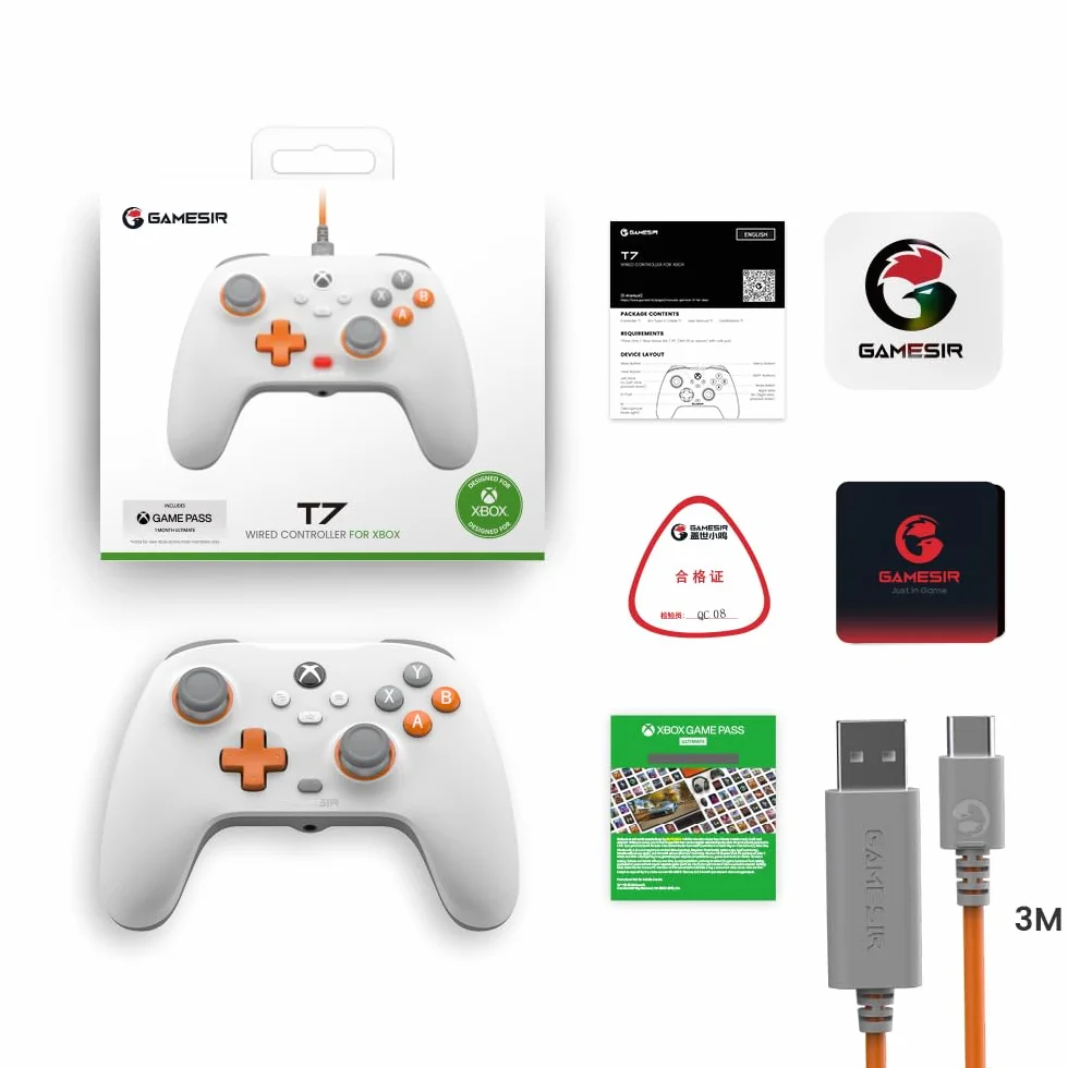 GameSir T7 Przewodowy kontroler Xbox z drążkami Hall Effect, Plug & Play Gamepad do Xbox Series X|S, Xbox One, Windows, Steam (biały)