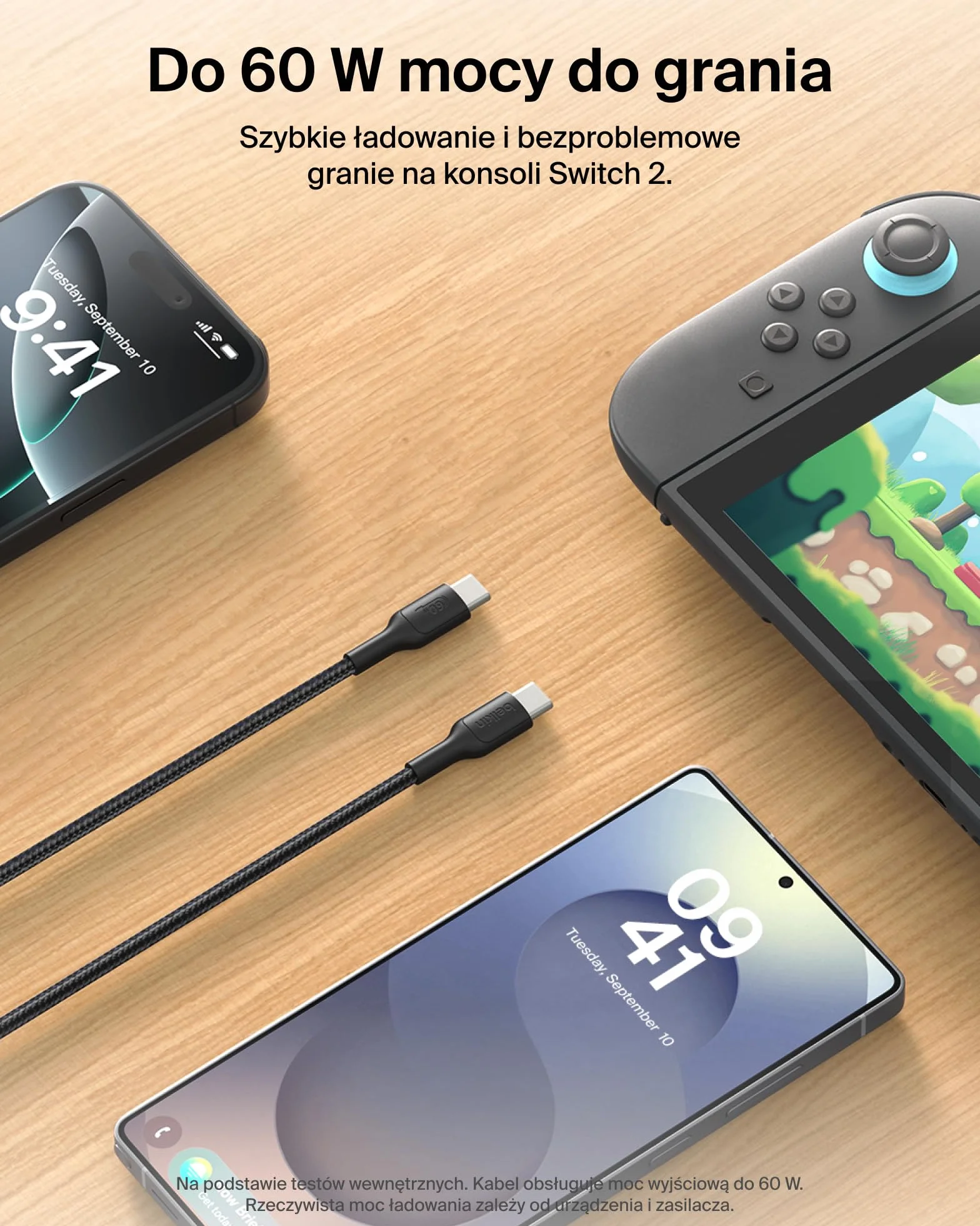 Belkin Kabel USB-C na USB-C dla graczy 60 W (2m), Kabel w oplocie do szybkiego ładowania Nintendo Switch 2, iPhone 16, iPhone 15, iPad, MacBook Air, Chromebook, Samsung Galaxy S25 Ultra – Czarny