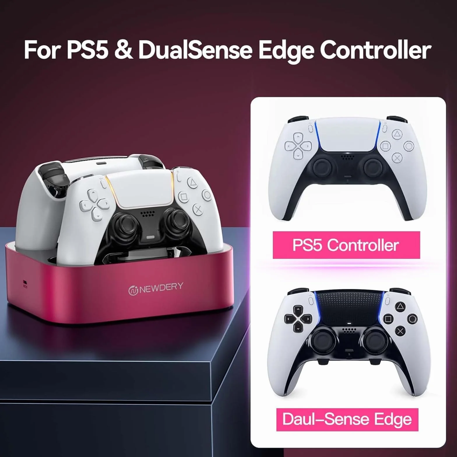 NEWDERY Stacja ładująca do kontrolera PS5 kompatybilna z Dualsense Edge, stojak do szybkiego ładowania z kablem, podwójna stacja ładująca do PlayStation 5 i Dual-Sense Edge