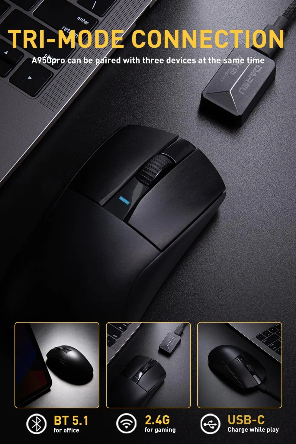 DAREU A950PRO 4K Bezprzewodowa Mysz do Gier 55g PAW3395 26K DPI 4 kHz