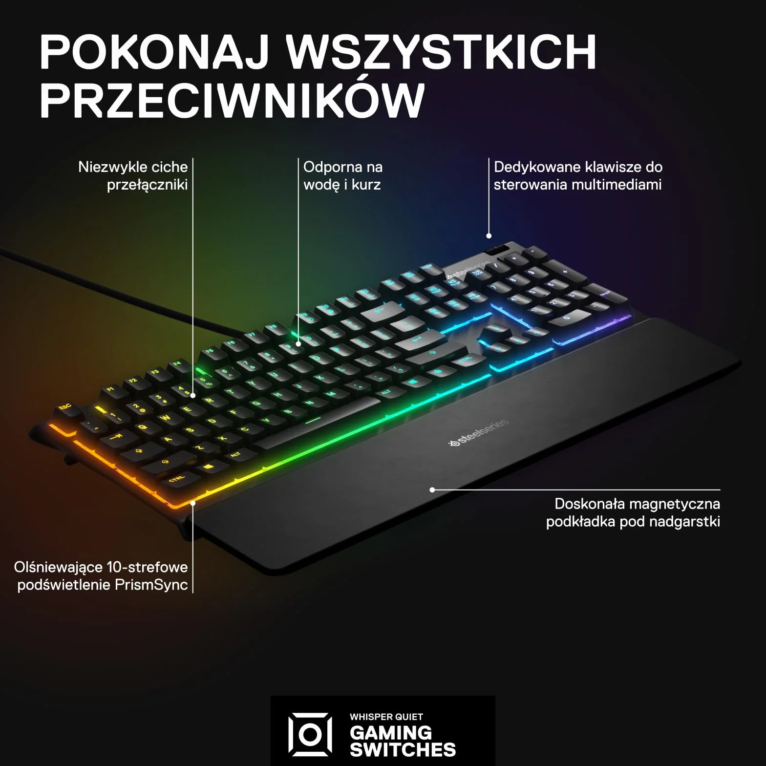 SteelSeries Apex 3 - klawiatura do gier RGB - 10-strefowe podświetlenie RGB - magnetyczna podpórka pod nadgarstki Premium - amerykański układ QWERTY, czarna