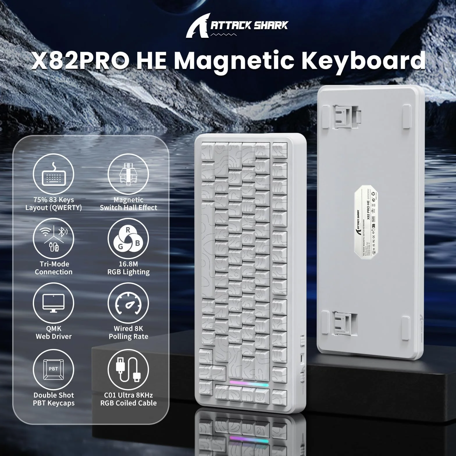 ATTACK SHARK X82PRO HE 75% Bezprzewodowa Szybka Przełącznik Magnetyczny Klawiatura, 8000 Przewodowa Klawiatura Gamingowa, Przełączniki Hall Effect z Regulowaną Aktywacją, QWERTY, C01 RGB Kabel -Biały