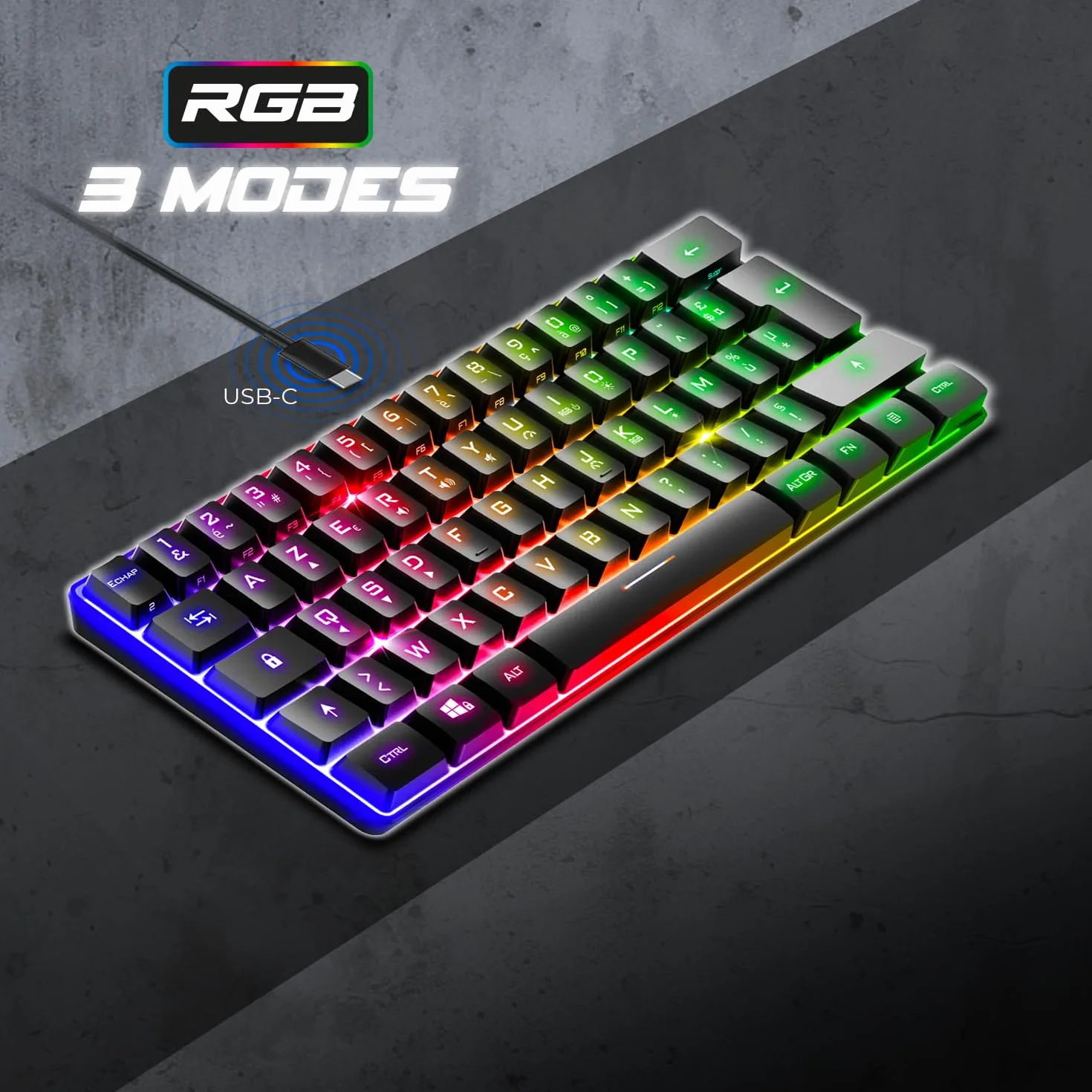 Spirit Of Gamer - Pro K2, pół-mechaniczna przewodowa klawiatura gamingowa, kompaktowy format TKL 60%, 62 klawisze, w tym 24 antyghosting, tęczowe podświetlenie RGB, regulowana wysokość, czarna
