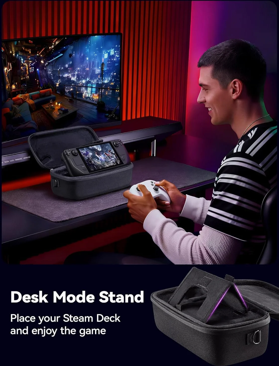 JSAUX Torba Steam Deck na Steam Deck i Steam Deck OLED, dwuwarstwowa, twarda obudowa ochronna z otworem na kabel, w zestawie kątowy kabel USB C, duża pojemność na ładowarkę i akcesoria