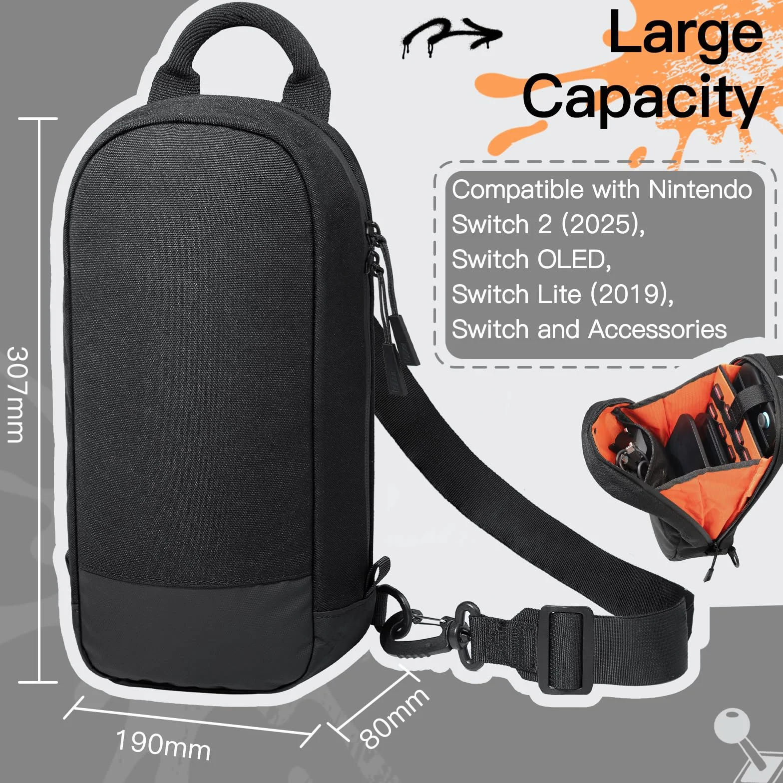 JETech Torba Typu Sling Crossbody do Nintendo Switch 2/Switch OLED/Switch Konsoli, Torba na Ramię z 8 Przegródkami na Karty do Gier, Duża Pojemność na Akcesoria i Ładowarkę, Czarny