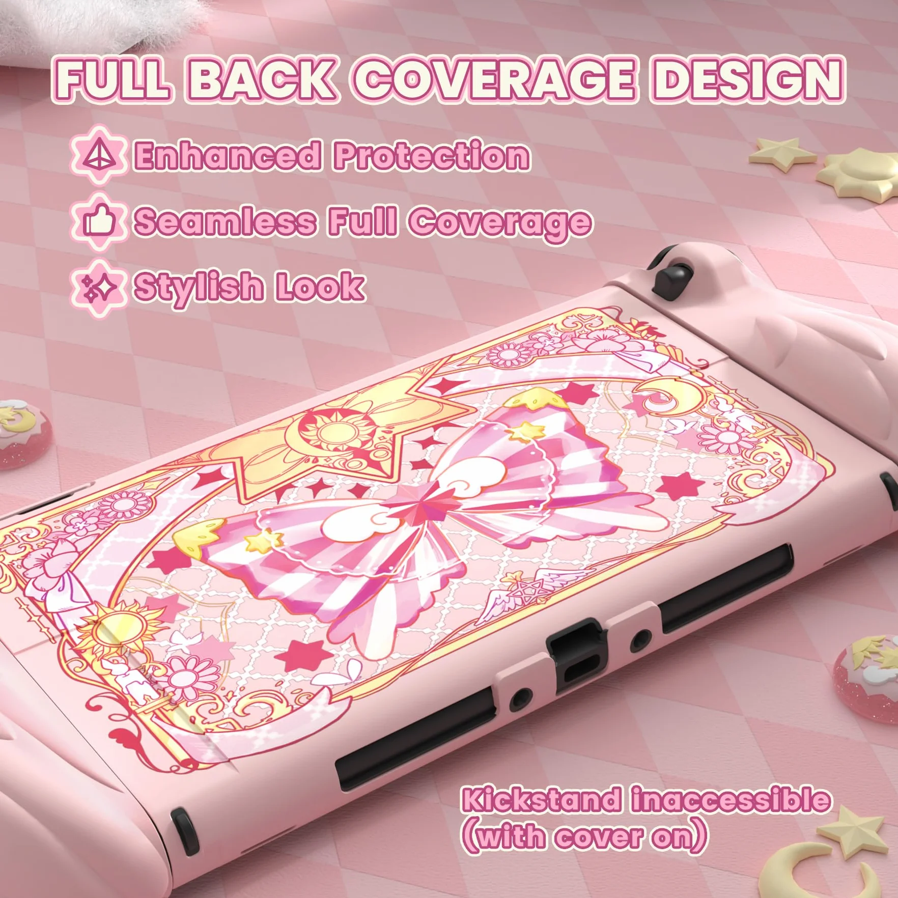 PlayVital Etui Ochronne do Switch 2 z Silikonowymi Osłonami Joycon, Różowe, Styl Magiczne Skrzydła