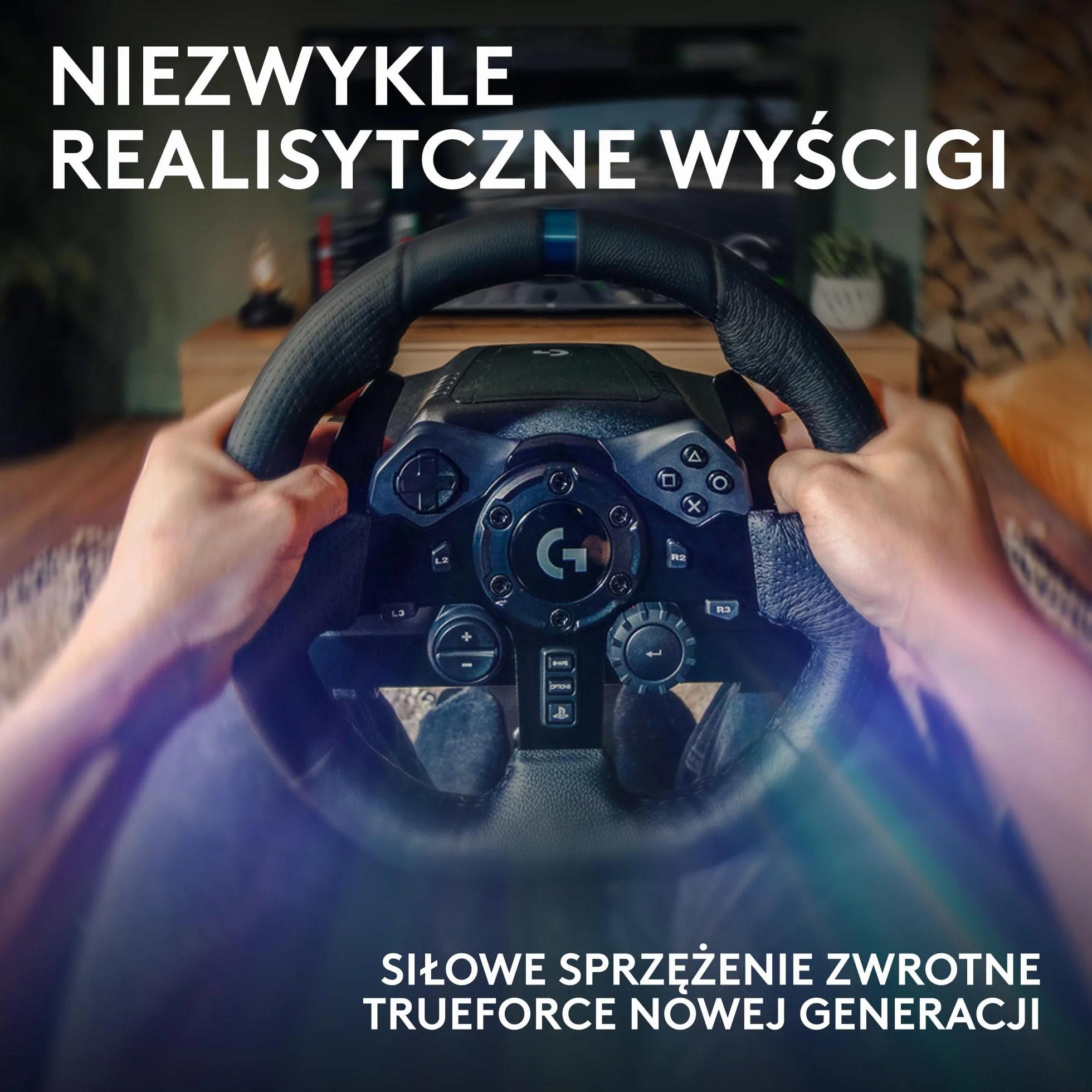 Logitech G G923 Kierownica wyścigowa i pedały, siłowe sprzężenie zwrotne TRUEFORCE 1000 Hz, responsywna forma kierowania, podwójne sterowanie uruchamianiem sprzęgła, skóry, PS5, PS4, PC, Mac - Czarny