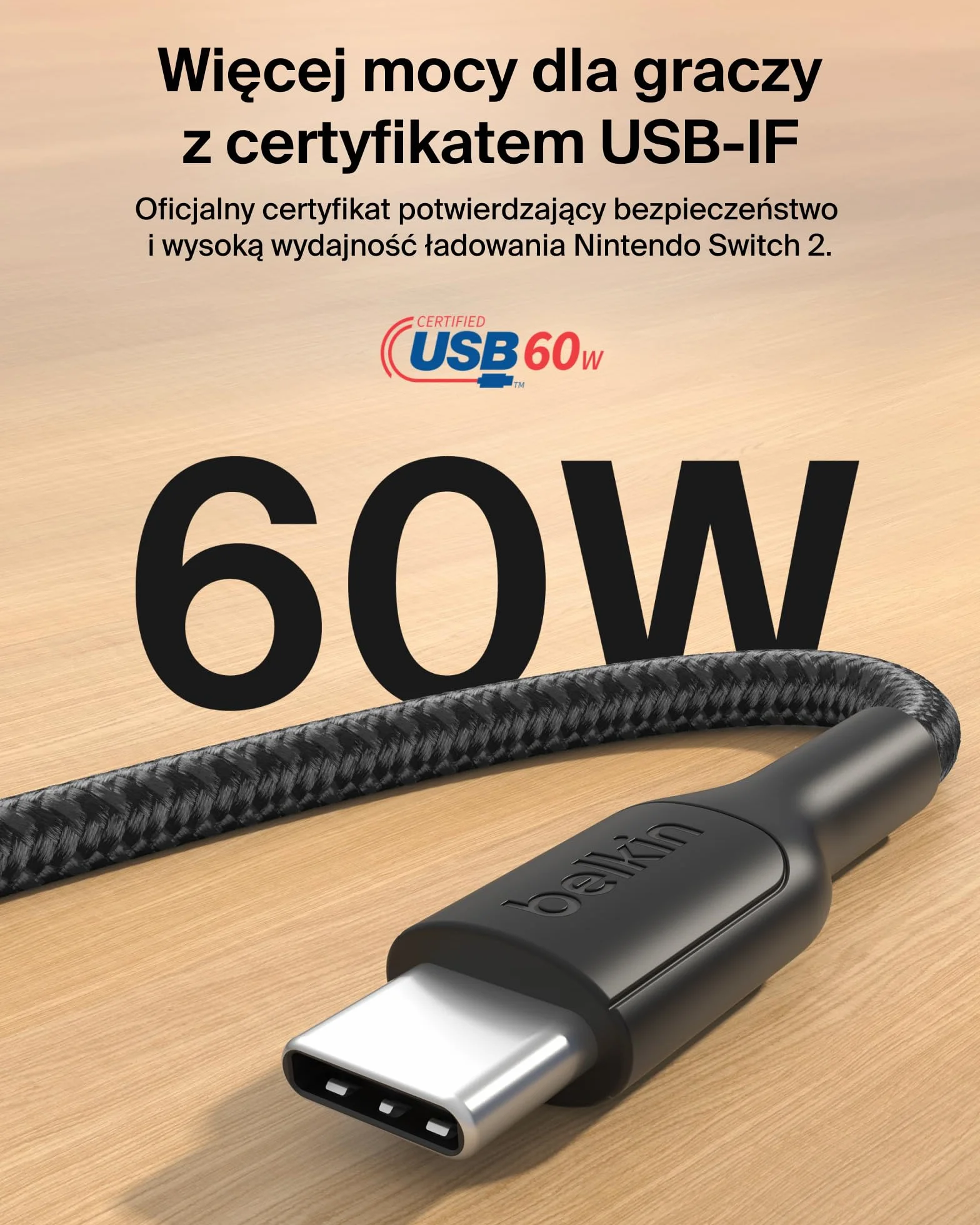 Belkin Kabel USB-C na USB-C dla graczy 60 W (2m), Kabel w oplocie do szybkiego ładowania Nintendo Switch 2, iPhone 16, iPhone 15, iPad, MacBook Air, Chromebook, Samsung Galaxy S25 Ultra – Czarny