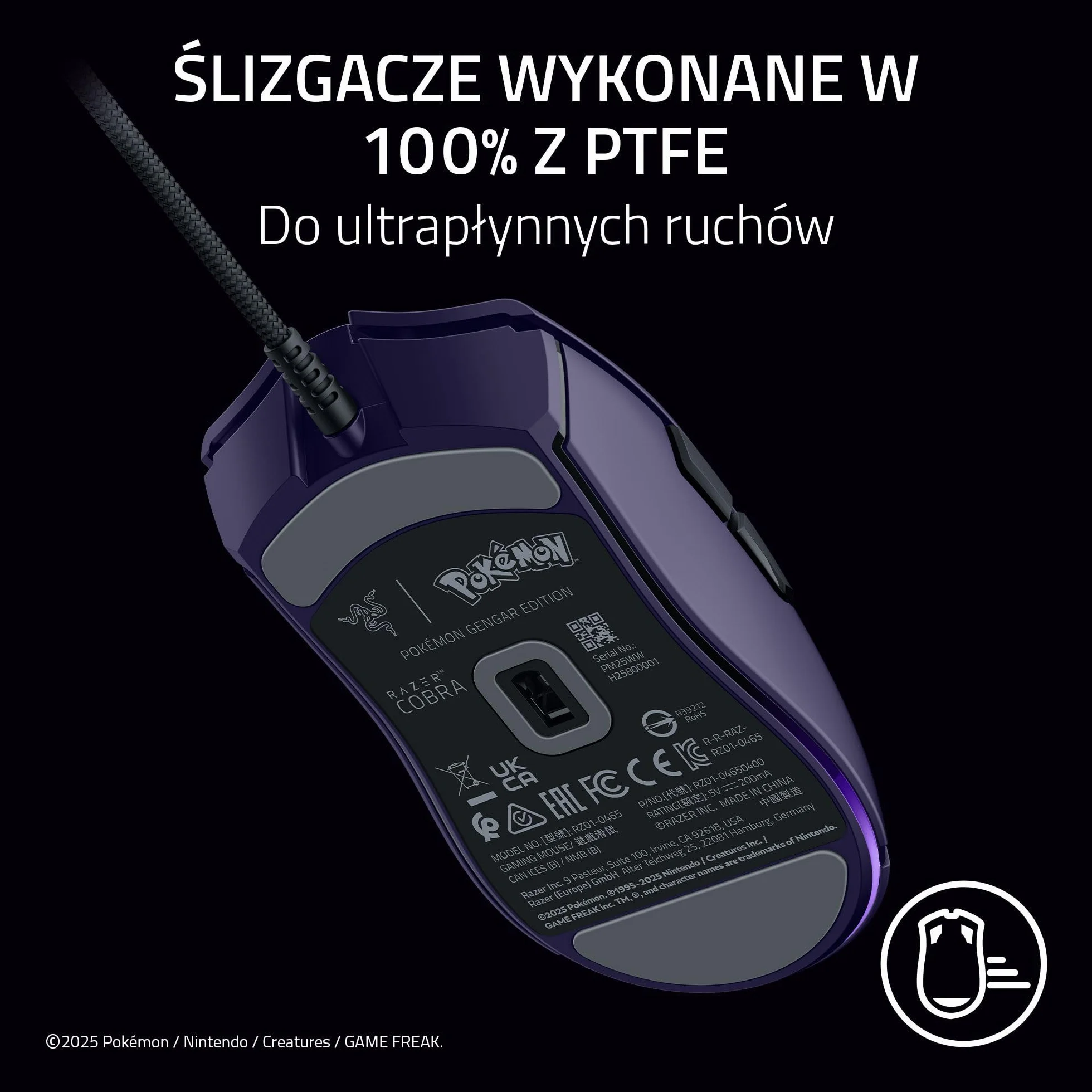 Razer Cobra Gengar Edition - Lekka przewodowa mysz do gier - Czujnik 8500 DPI - 58 g - Przełączniki optyczne trzeciej generacji - Podświetlenie Chroma - Kabel Speedflex - PC/MAC | Pokémon Gengar