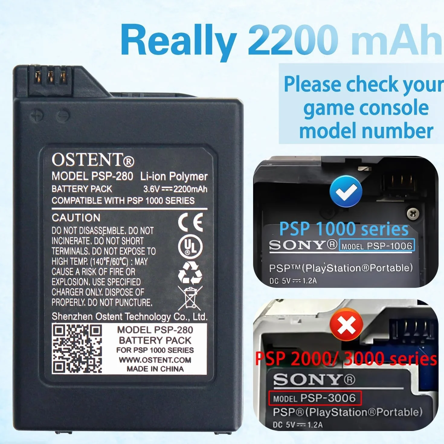 OSTENT Bateria litowo-jonowa 2200mAh 3,6V Li-ion do Sony PSP 1000 PSP-280