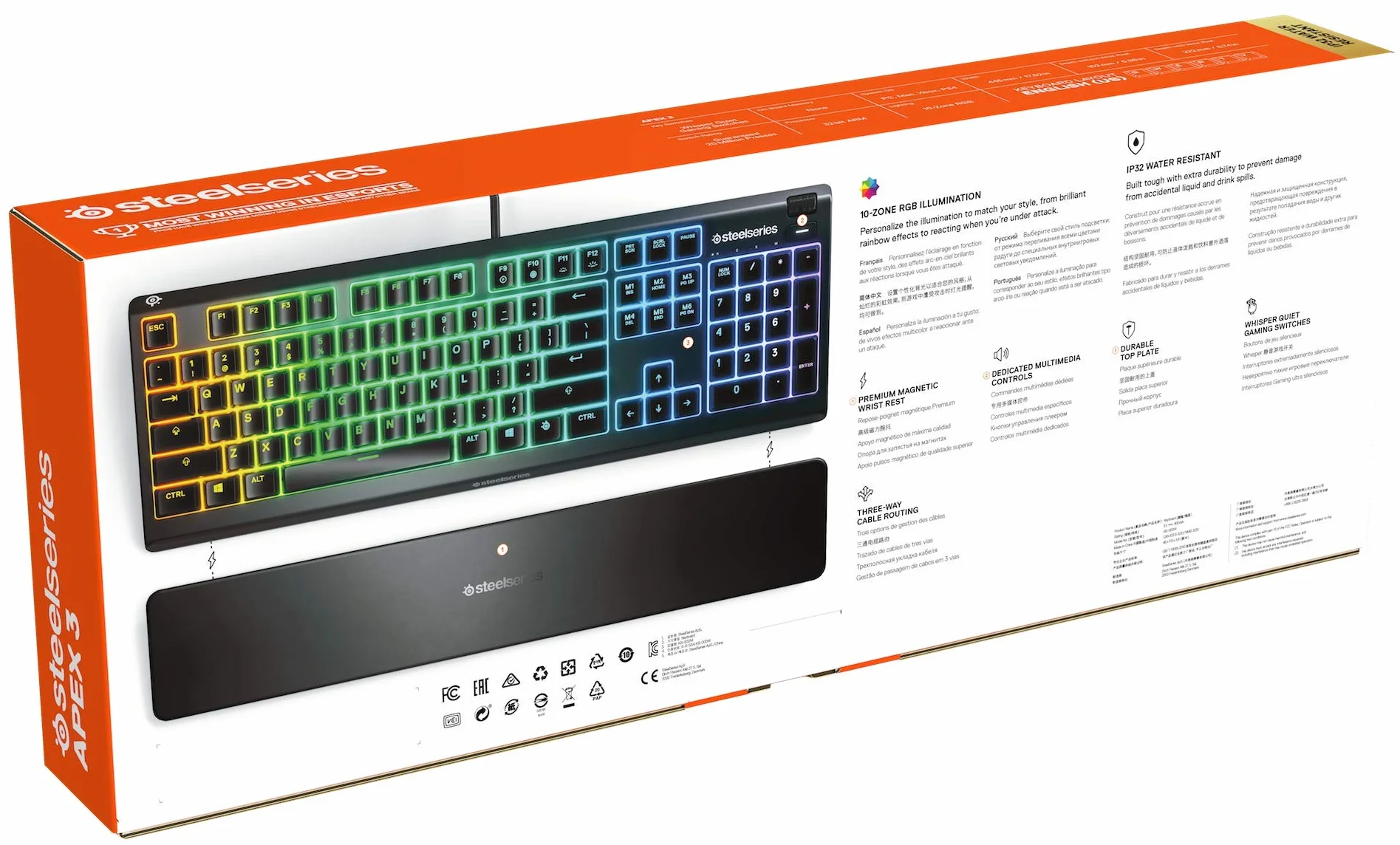 SteelSeries Apex 3 - klawiatura do gier RGB - 10-strefowe podświetlenie RGB - magnetyczna podpórka pod nadgarstki Premium - amerykański układ QWERTY, czarna