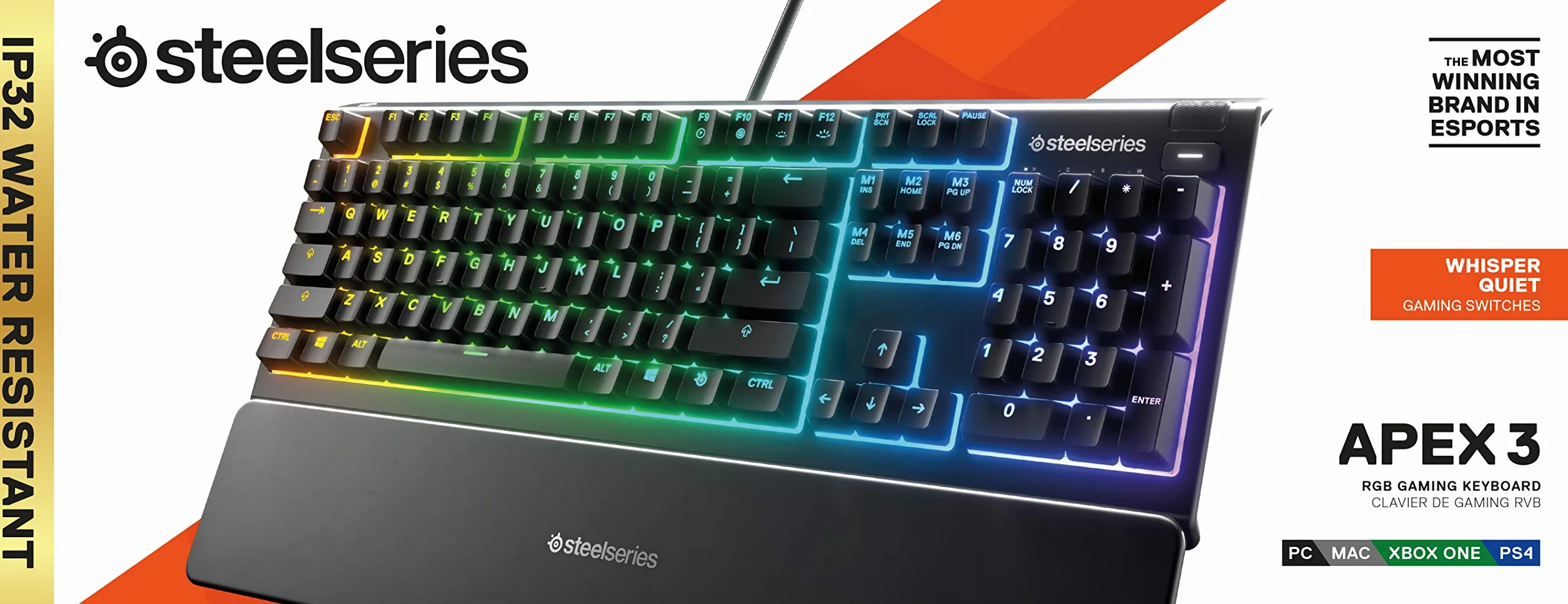 SteelSeries Apex 3 - klawiatura do gier RGB - 10-strefowe podświetlenie RGB - magnetyczna podpórka pod nadgarstki Premium - amerykański układ QWERTY, czarna