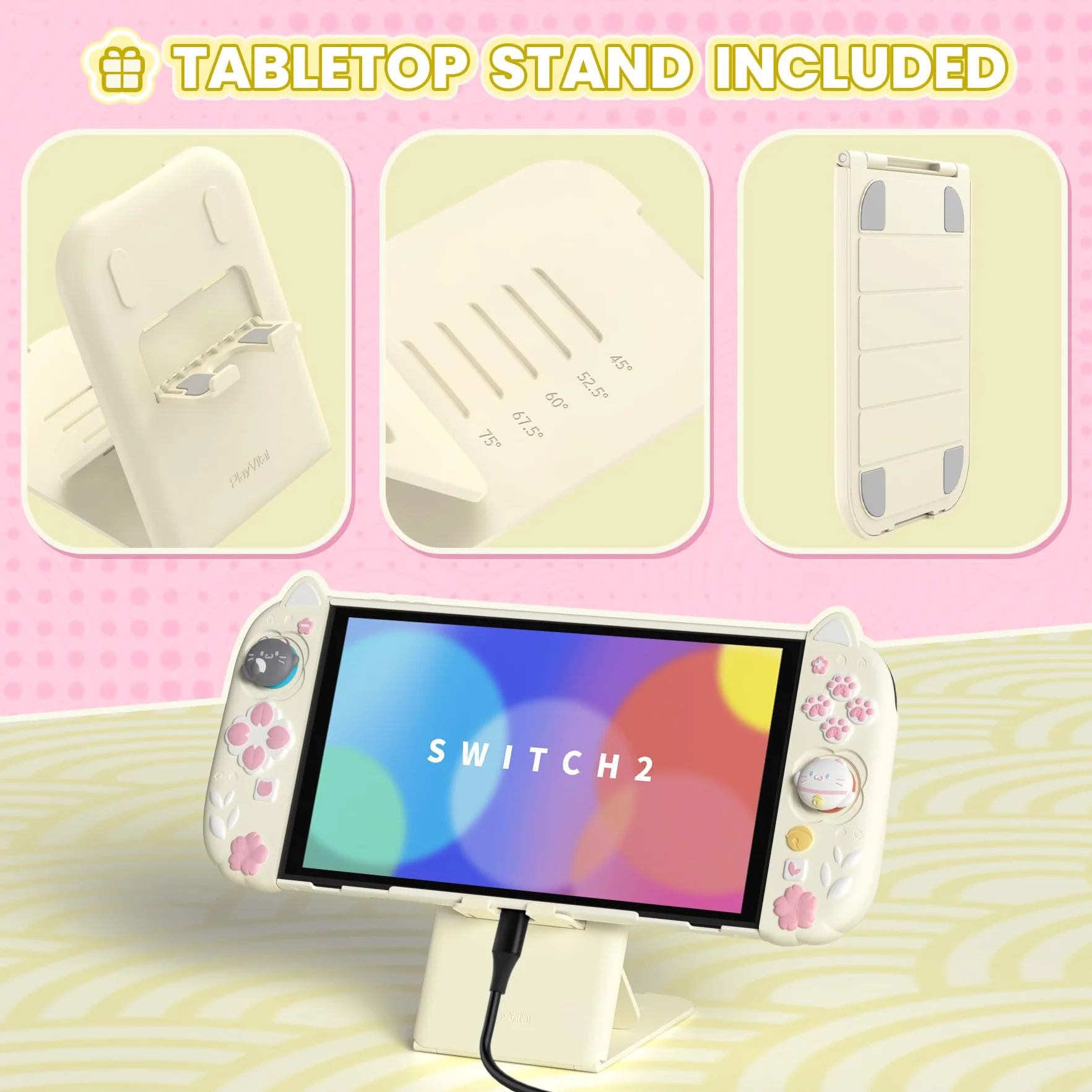 PlayVital Etui do Switch 2 z Silikonowymi Uchwytami Joycon & Nakładkami Joysticki & Podstawką,Akcesorium Ochronne do Switch 2 Konsoli,Dockowalne Etui w Żółty Antyczny-Motyw Kociątko i Kwiaty Wiśni