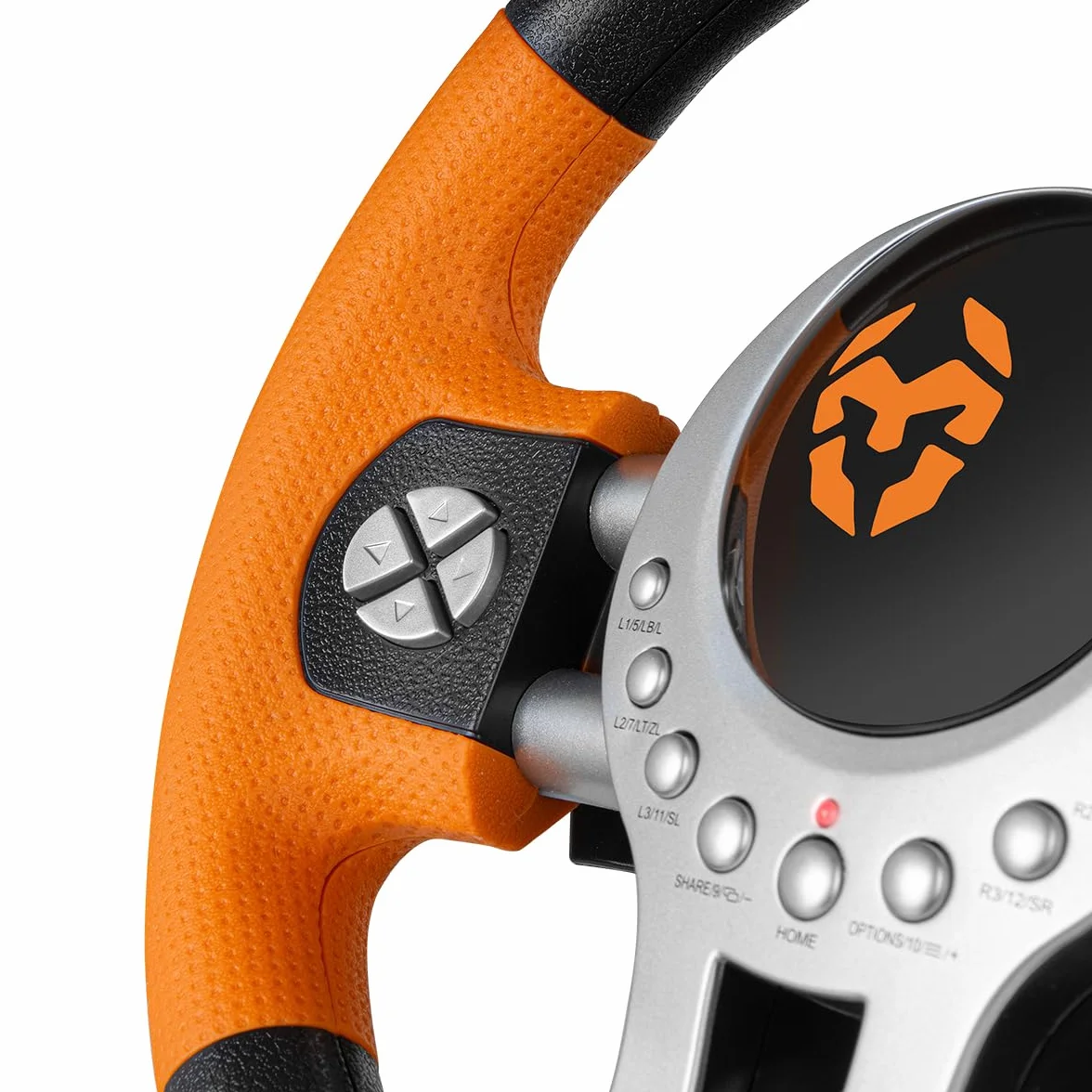 KROM K-DRIVER- Wieloplatformowy zestaw kierownicy i pedałów, dźwignia zmiany biegów i łopatki na kierownicy, efekt wibracji, kompatybilny PC, PS3, PS4 i XBOX, czarno-pomarańczowy
