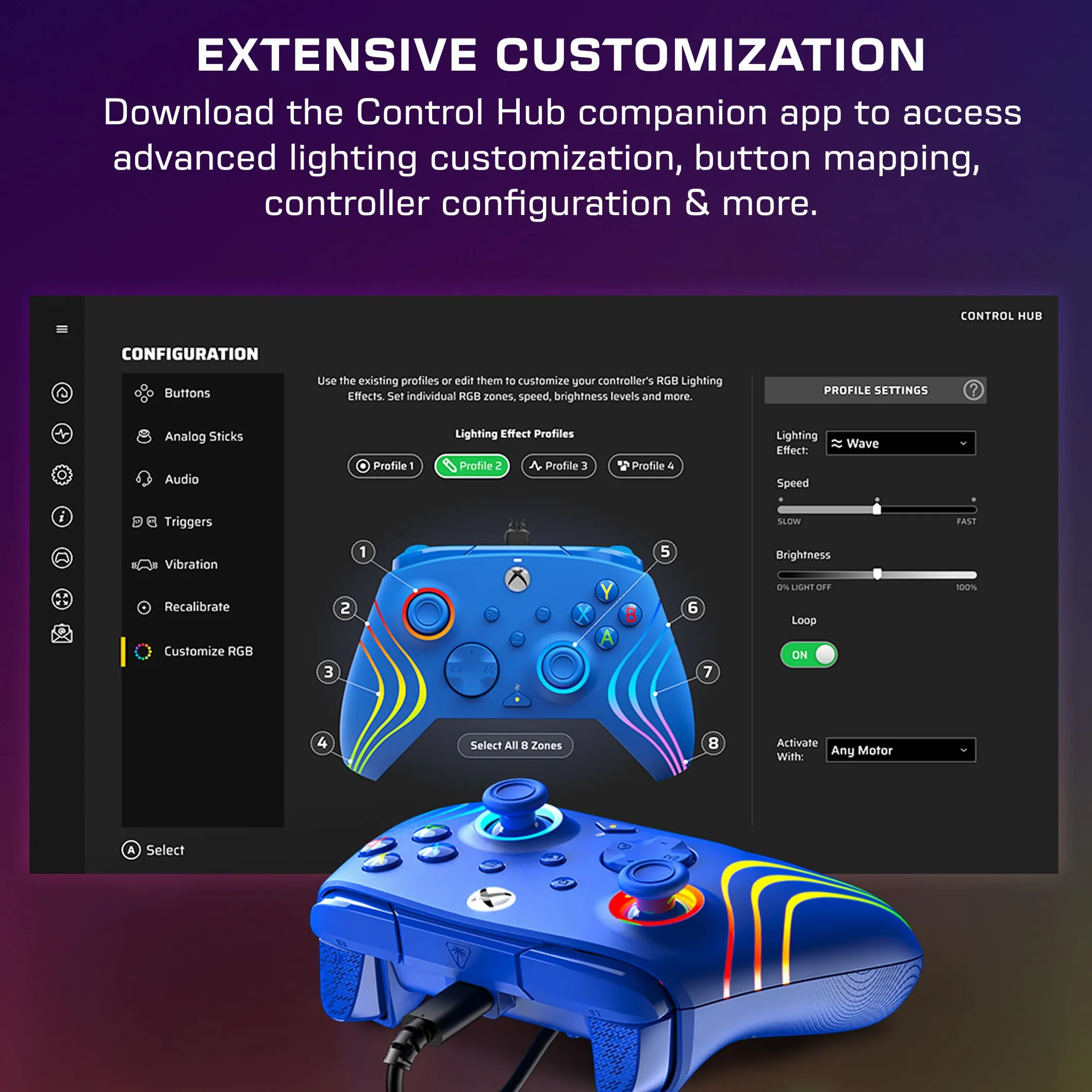 Turtle Beach Afterglow Wave Kontroler do gier RGB na niebiesko – Licencjonowany dla Xbox Series X lub S, Xbox One i Windows