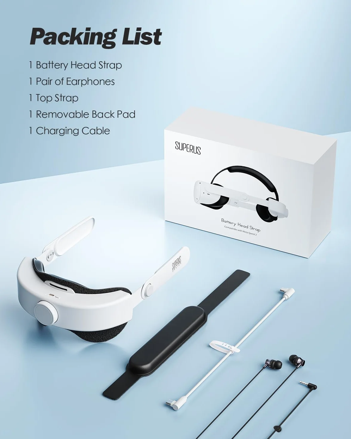 SUPERUS Pasek na głowę baterii dla Quest 2 ze słuchawkami, regulowany pasek elitarny, akcesoria zastępcze dla Meta/Oculus Quest 2, wydłuża czas odtwarzania i zmniejsz nacisk na głowę