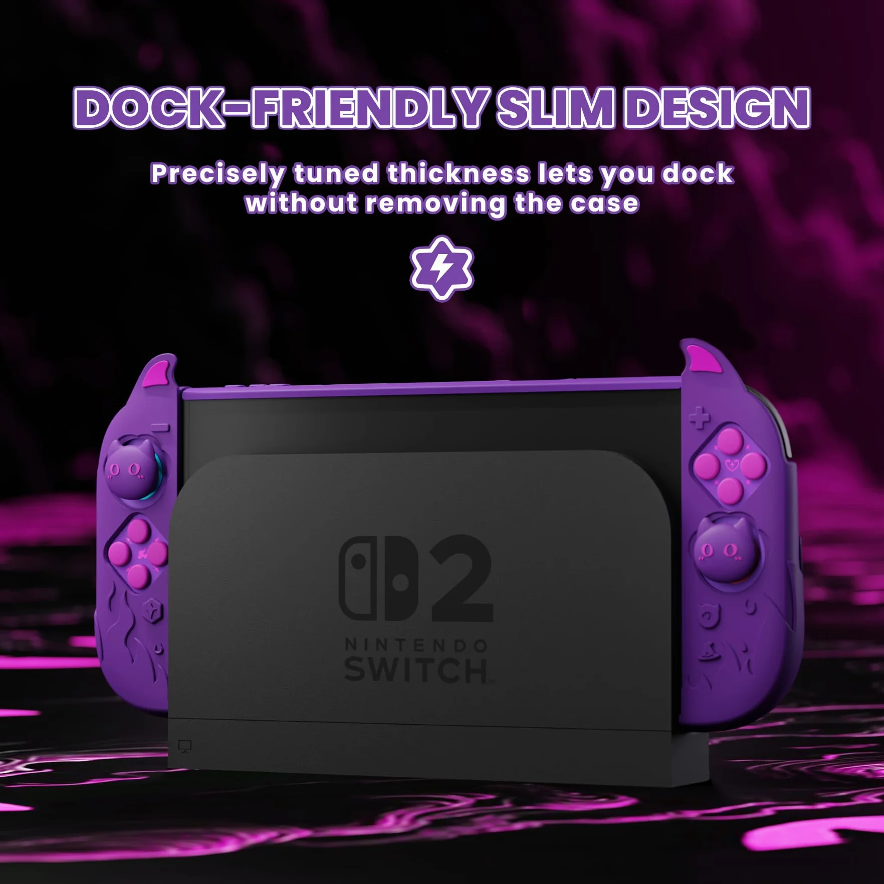 PlayVital Etui do Switch 2 z Silikonowymi Nakładkami na Uchwyty Joycon,Nakładkami na Joysticki i Naklejkami,Etui Ochronne do Switch 2 Akcesoria-Fioletowy