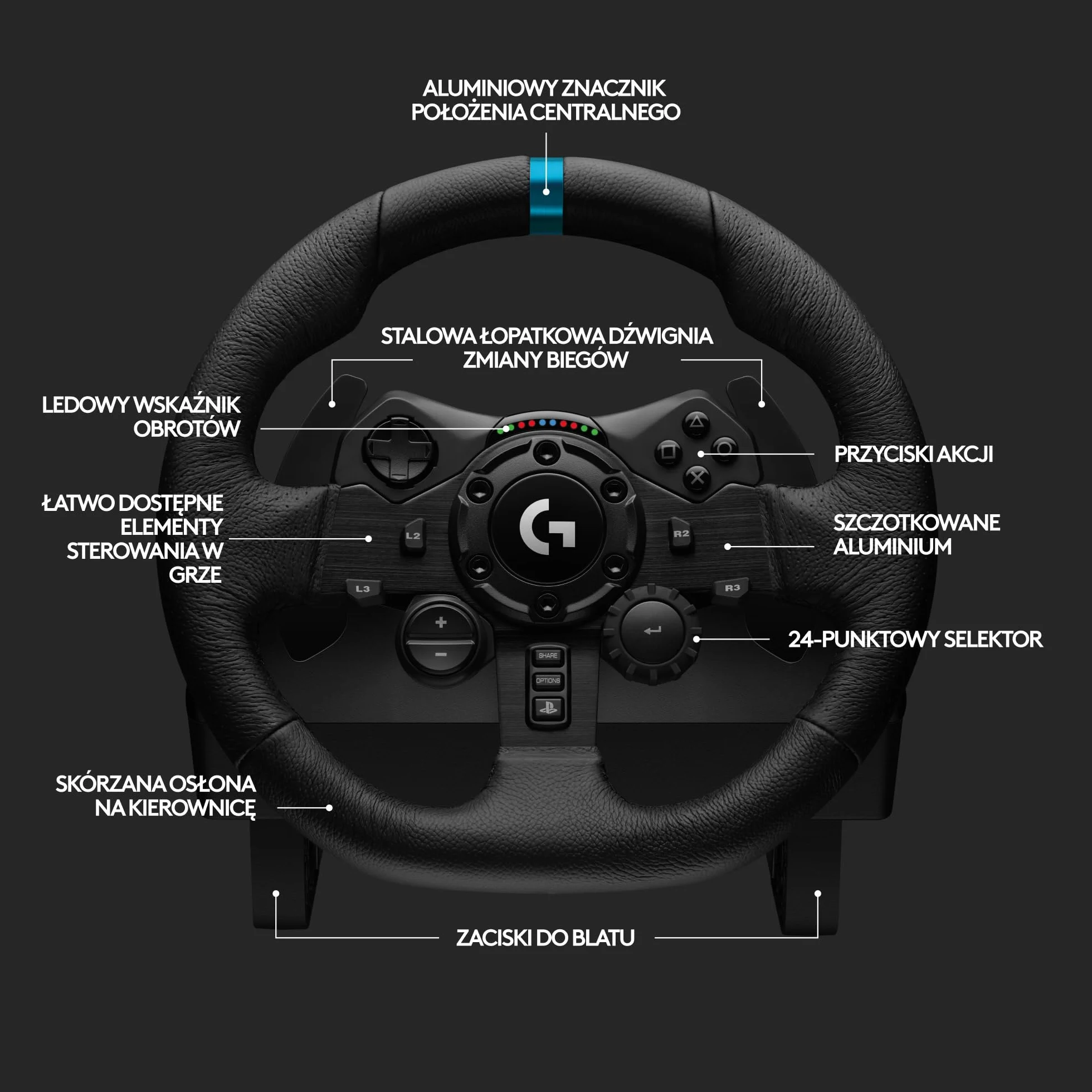 Logitech G G923 Kierownica wyścigowa i pedały, siłowe sprzężenie zwrotne TRUEFORCE 1000 Hz, responsywna forma kierowania, podwójne sterowanie uruchamianiem sprzęgła, skóry, PS5, PS4, PC, Mac - Czarny
